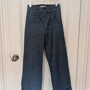 Tory Burch High-Waisted Wide Leg Denim Pants with Button Detail